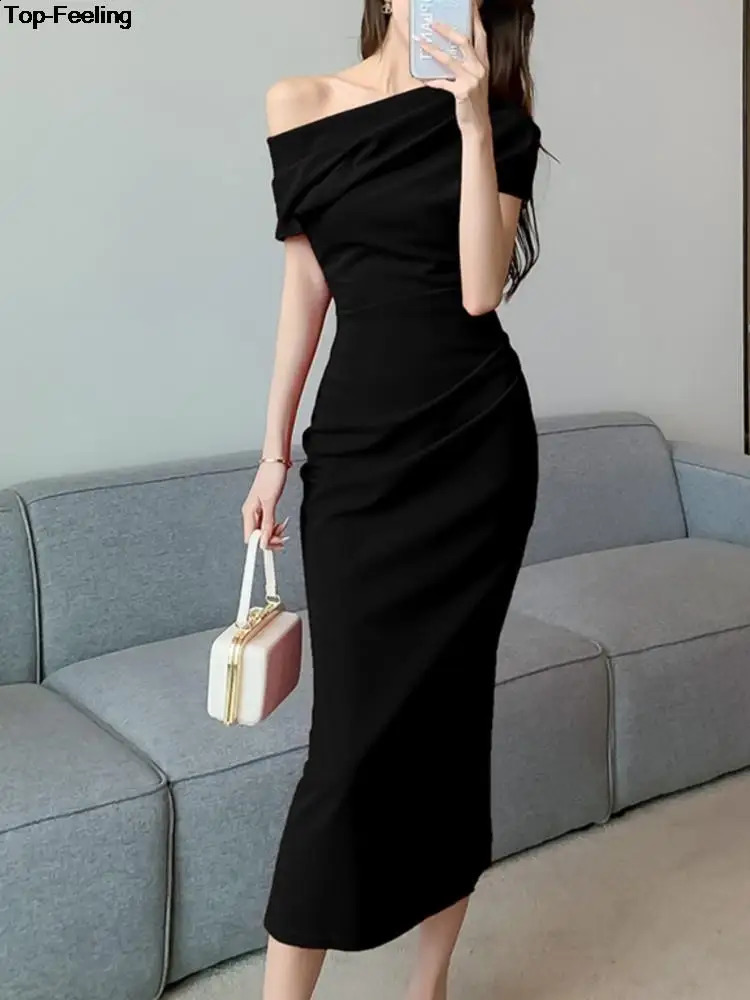Elegant Off Shoulder Evening Party Dresses Women Summer Fashion Slim One Piece Solid Vestidos Korean Graduation Robe Clothing 240824