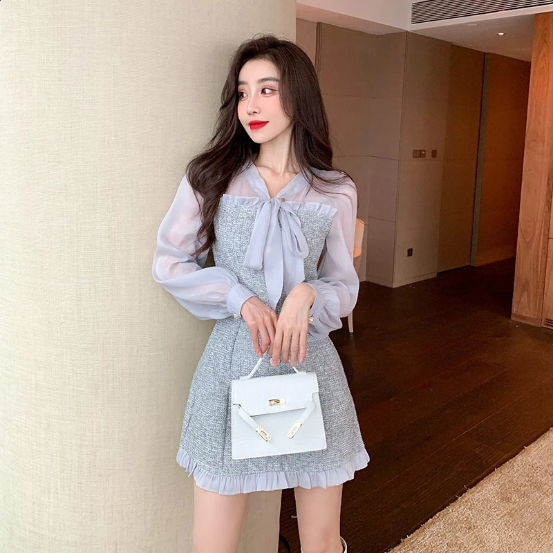 Womens Autumn Fragrant Chiffon Patchwork Tweed Long Sleeved Dress Elegant Party Vestidos 240824