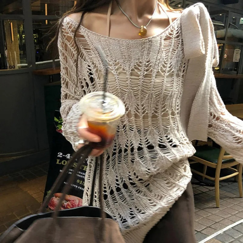 DeepTown Coquette Y2k Womens Sweater Hollow out Knitwear Spring Oversize Knit Off The Shoulder Pullovers Streetwear Vintage 240824