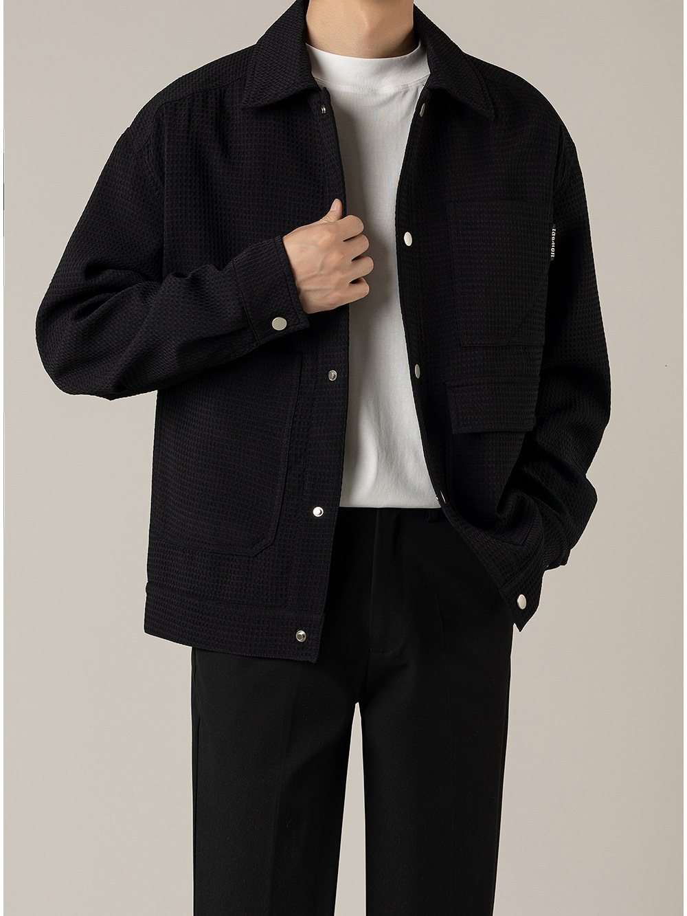 Spring and Autumn New Waffle Workwear Jacket Mens Korean Version Light Mature Style Mens Loose and High-end Casual Jacket