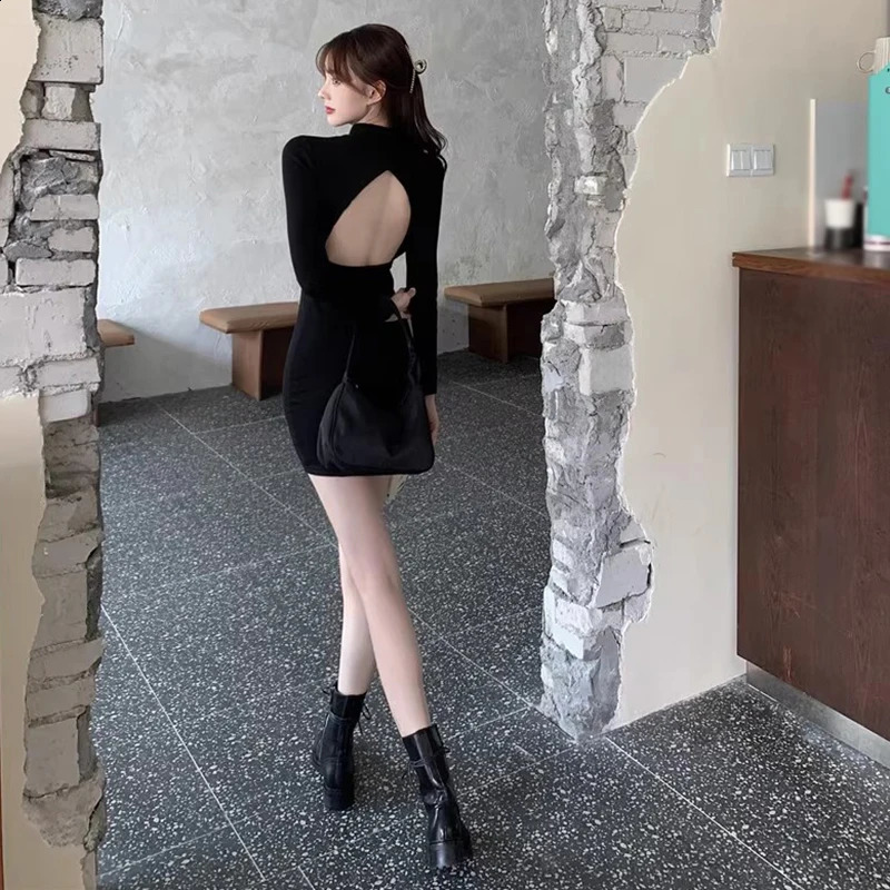 Spring Autumn Womens Bodycon Dress kpop Solid Colour Half High Collar Hollow out Backless Slim Sexy Long Sleeves Dress 240823
