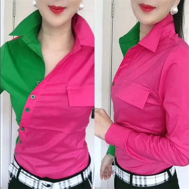 Oblique Placket Chic Color Matching Blouses Women Shirt Lapel long sleeve Patchwork Color Contrast Streetwear Female Blusa Shirt 240823