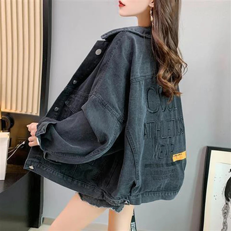 MEXZT Denim Jackets Women Streetwear Oversized Jeans Coat Bf Korean Vintage Letter Embroidery Loose Casual All Match Outwear 240824