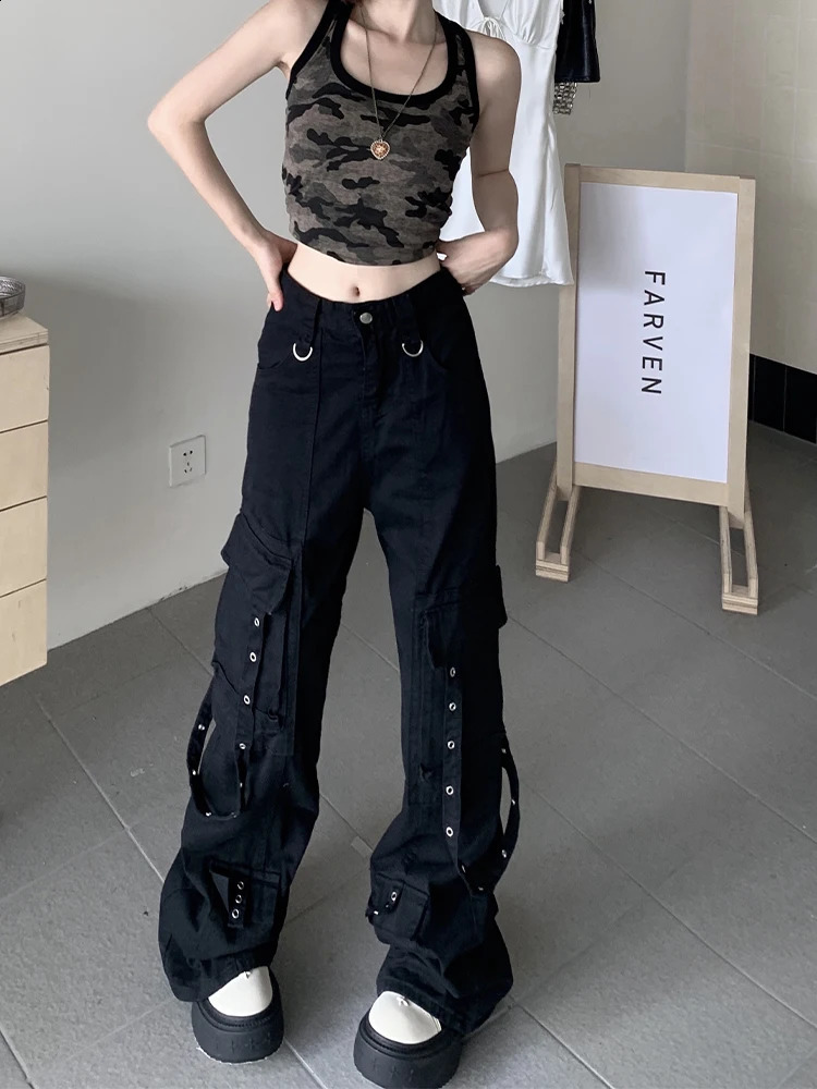 Womens Black Gothic Y2k Freight Jeans Harajuku 2000s 90s Fashion Pocket Denim Trouser Emo Retro Garbage Clothing 240823