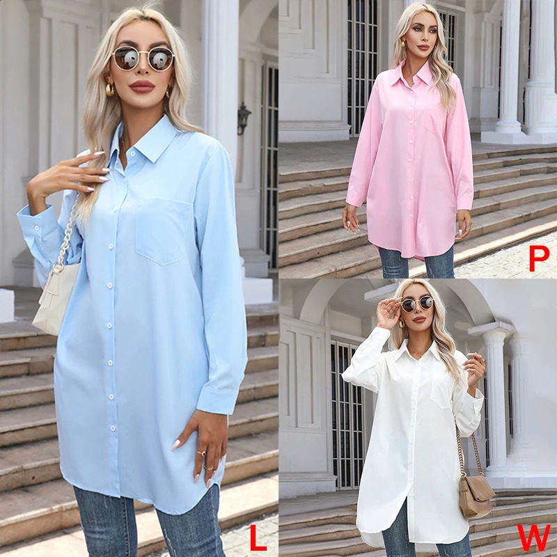 Women European and American solid color lapels loose casual fashion temperament commuting versatile long-sleeved shirt white L 240823
