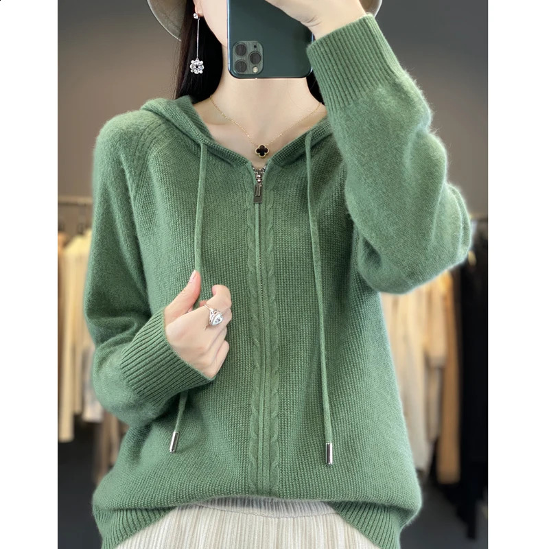 100% Cashmere Sweater For Women Hooded Zippered Cardigan Fashion Cashmere Sweater Women Leisure Sweater Autumn And Winter 240824
