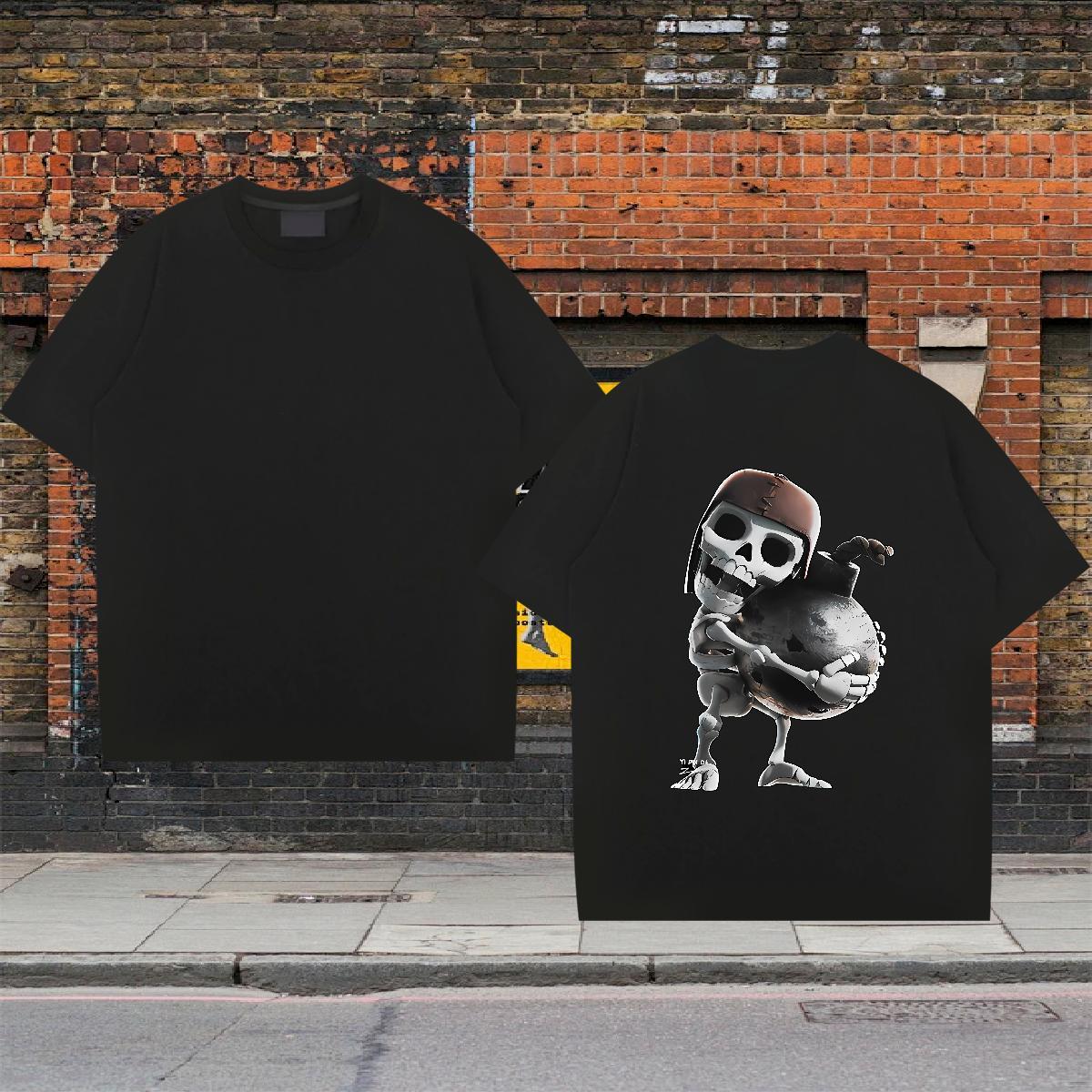 Loose Fit T-Shirts for Men 230g Pure Cotton skull Street Wear Custom Printed Breathable Short Sleeve Mens Tshirts 2024 Clothes