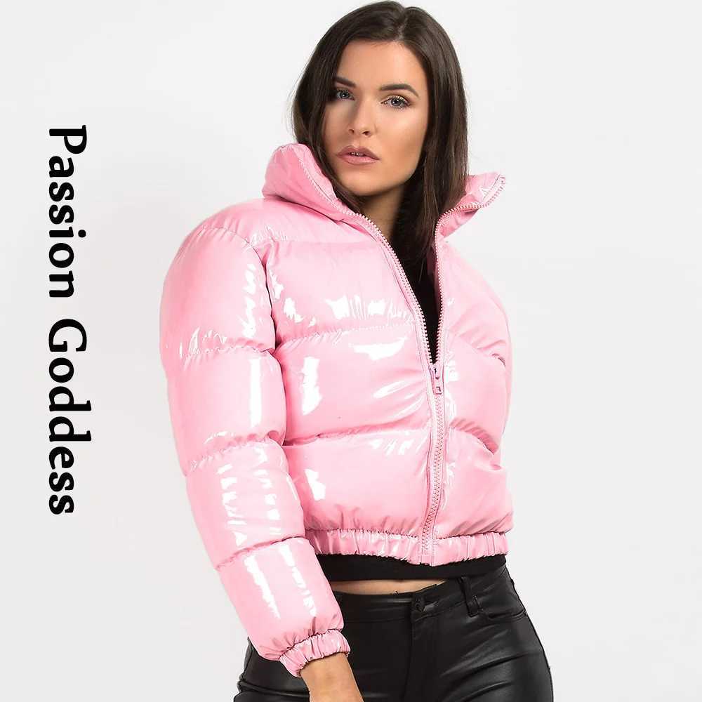 Women's Down Parkas Winter Women Shiny PU Leather Puffer Jackets Warm Thick Bubble Coat Cute Parkas Down Zipper Loose Puffly Cropped Jacket XXL Y