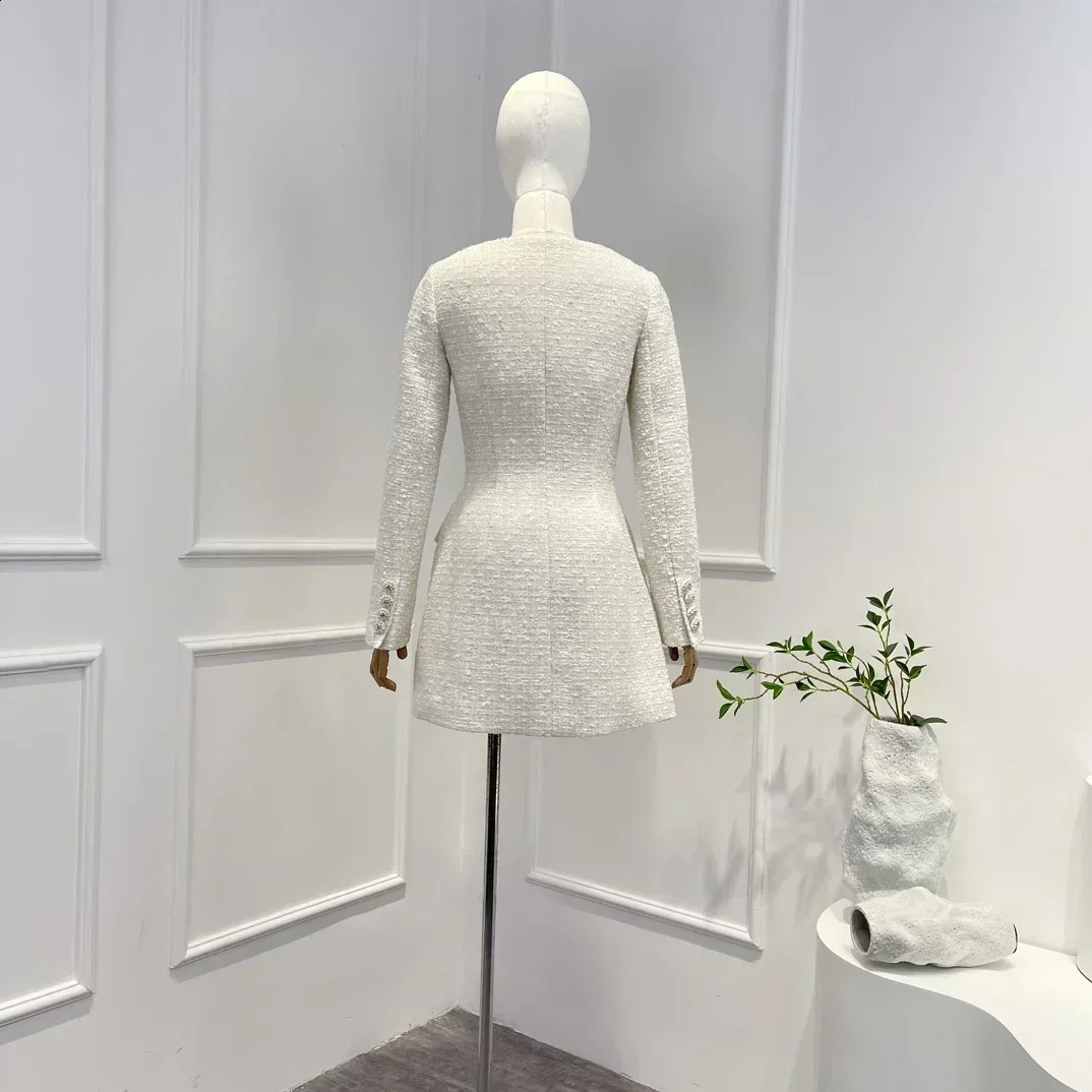 Spring Top Quality Beige Long Sleeve High Waist Double Breasted Tweed Elegant Mini Dress for Women 240824