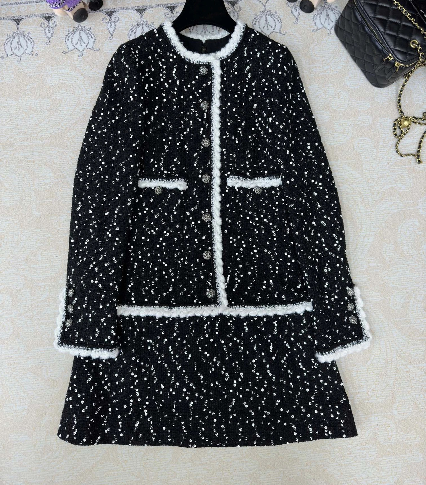Autumn Fashion Womens High Quality Elegant Black Sequins Long-sleeves Tweed Dress F292 240824