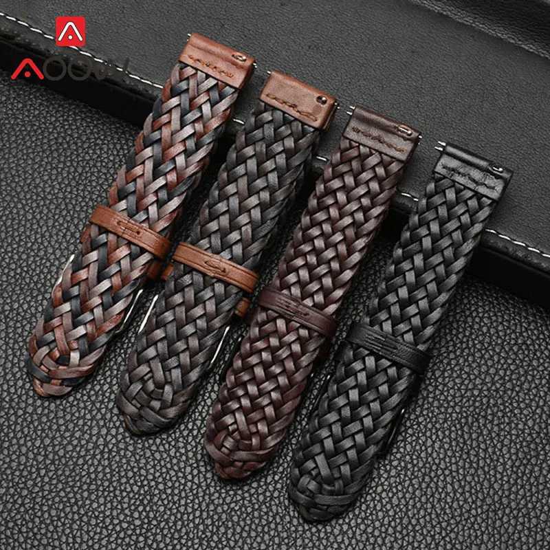 20mm 22mm 24mm Braided Genuine Leather Strap Quick Release Men Women Replacement Bracelet Belt Wrist Band for Smart Watch Brown Z240824