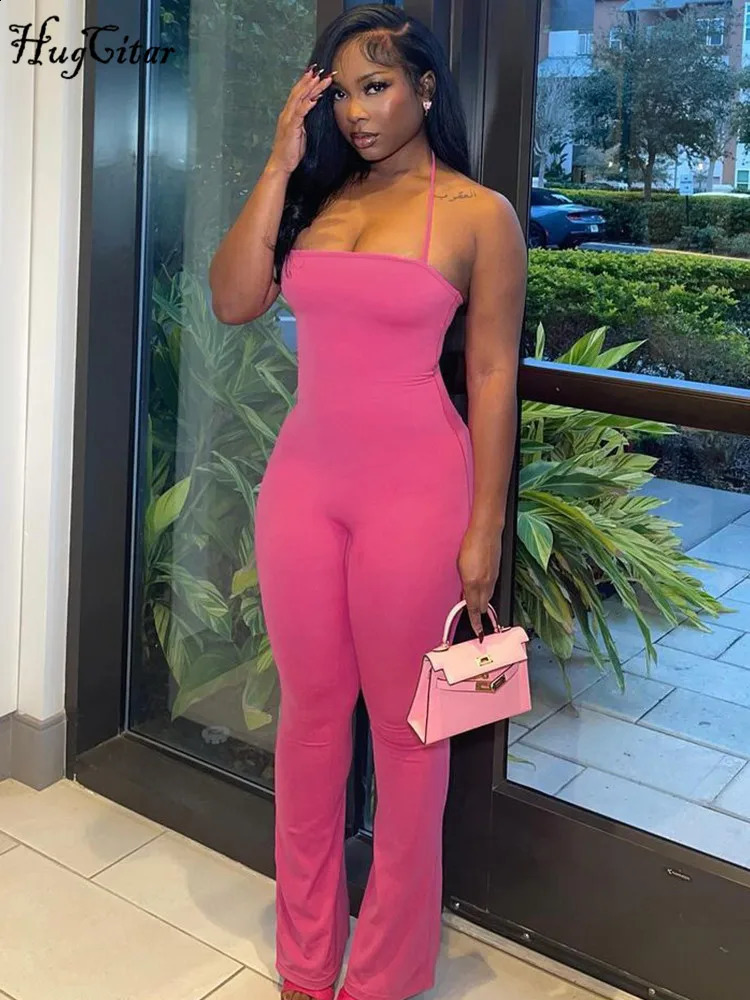 Hugcitar 2024 Spring Halter Solid Sleeveless Backless Sexy Bodycon Flare Pants Jumpsuit Women Casual Rompers Streetwear Festival 240823