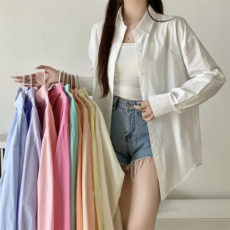 Basic Shirt for Women Long Sleeve Button Down Collared Loose-fit Plain Parisian White Shirt Spring Summer Chic Tops Outfit 240823