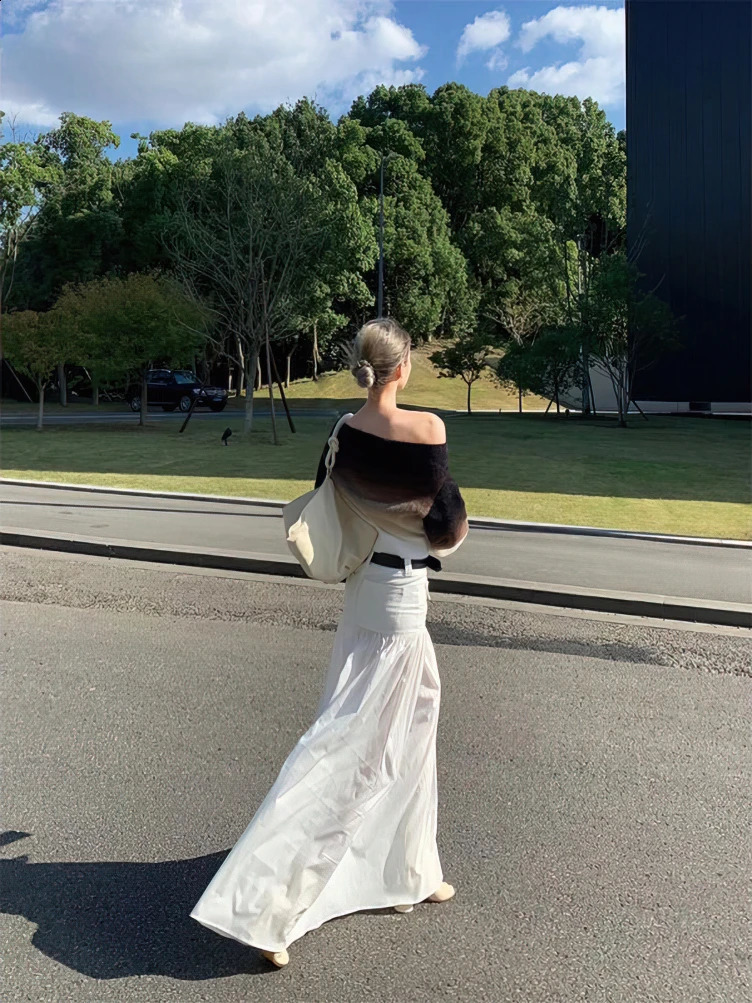 Gradient Fashion Off Shoulder Sweater Women Knitted Long sleeve Cropped Pullover Autumn Casual Female Chic Top Knitwear 240824