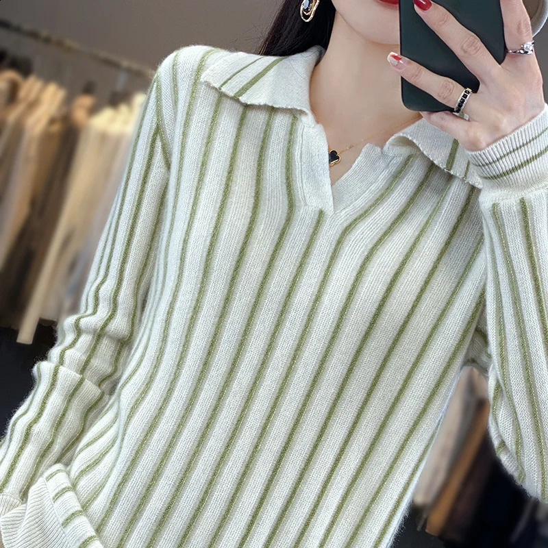 100% Merino Wool Sweater Womens Pullover Autumn Winter Most Trend Womens Clothing Fashion Classic Striped Knit POLO Neck Top 240824