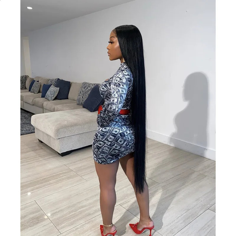 Sexy Women Dollar Printed Long Sleeve Mini Dress Stretch Tight Wrap Hip Dress Bodycon Party Clubwear NightClub Dress 240823