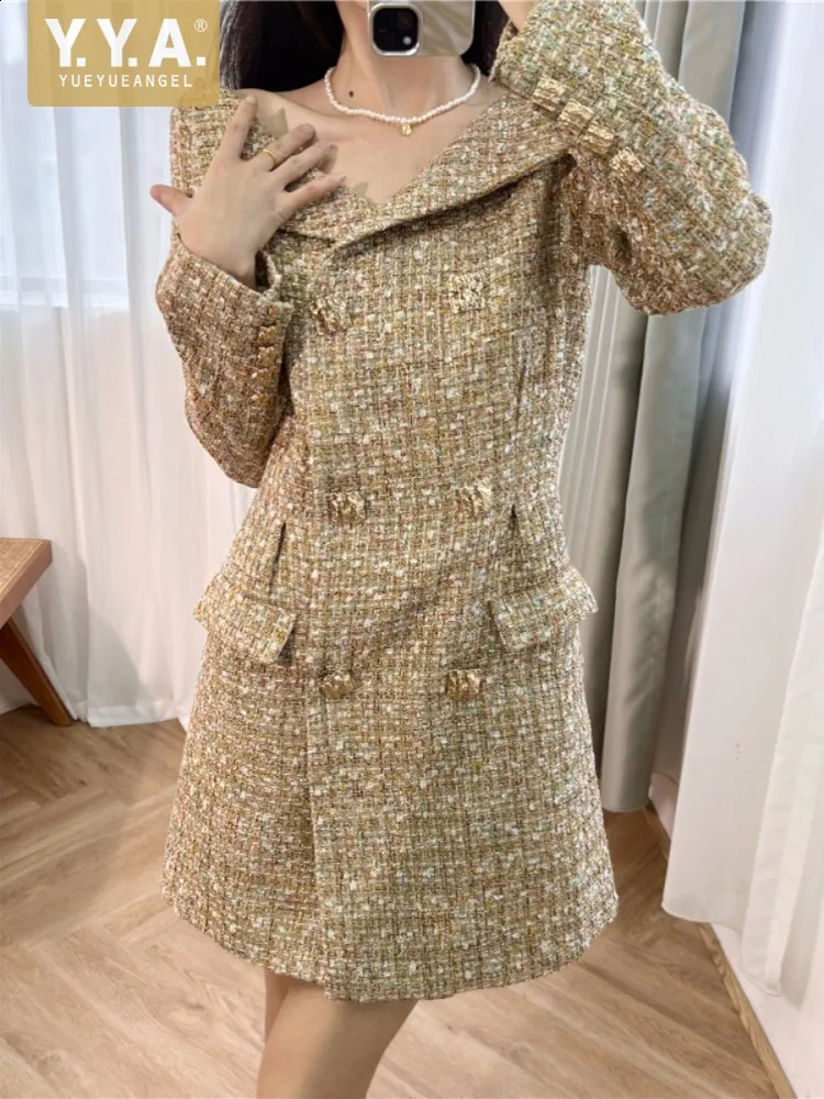 Autumn Elegant Women Slash Neck Double Breasted Tweed Dress Vintage Office Ladies Work Party Slim Waist Long Sleeve Mini Dresses 240824
