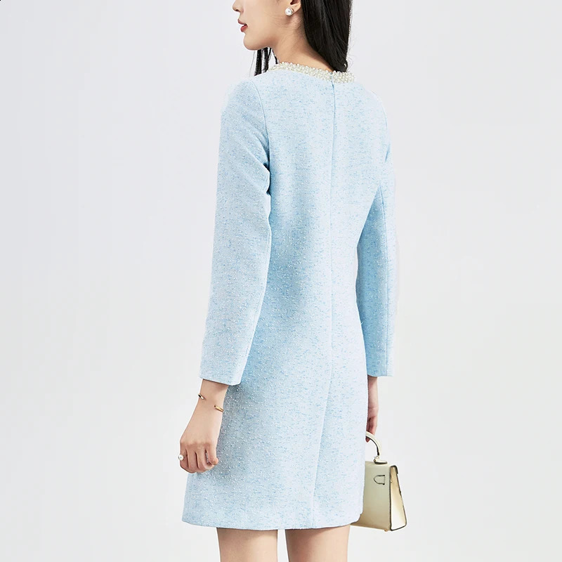 Elegant Fashion Dresses For Women Autumn Winter Womens Clothing Beading V-neck Long Sleeve Office Lady Wool Tweed Dress 240824