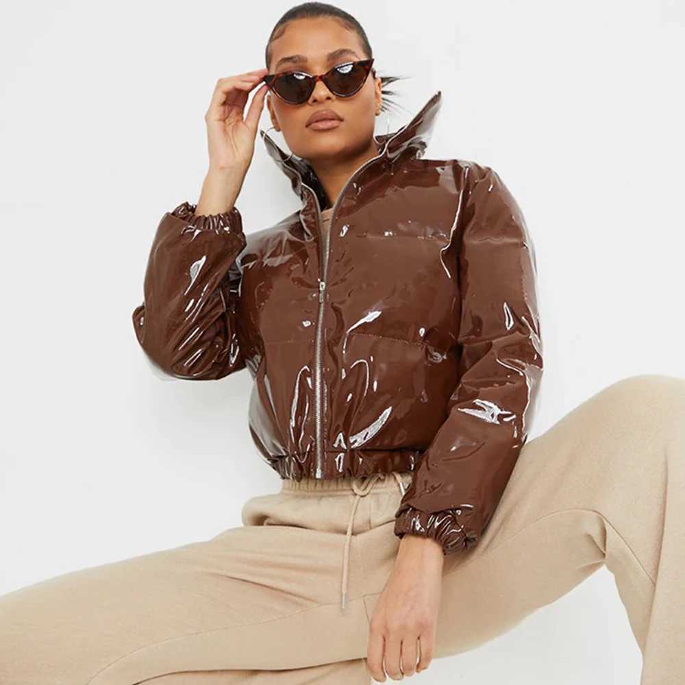 Women's Down Parkas Winter Y2K Women Girls Shiny PU Leather Puffer Jacket Warm Thick Bubble Coat Bright Leather Parka Down Zipper Crop Puffer Str
