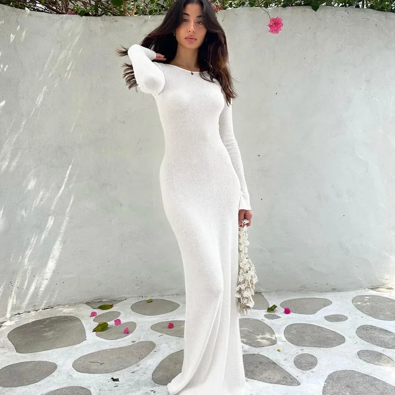 Europe and the United States wind autumn womens tie rope sexy backless long-sleeved solid color Slim temperament dresses 240823