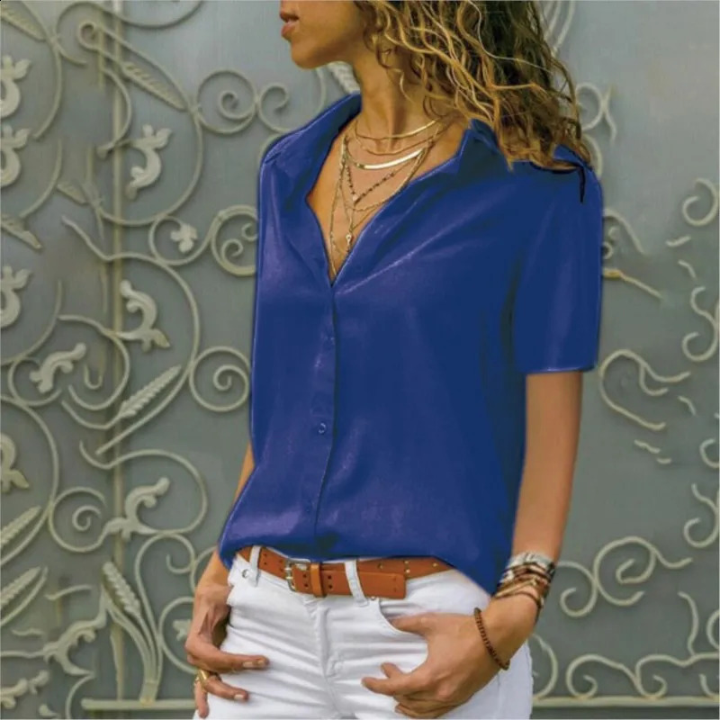 Womens Solid Color V-neck Button Short Sleeved Shirt Office Lady Red Solid Cardigan Blouse Tops Femme Blusas Camicie 240823