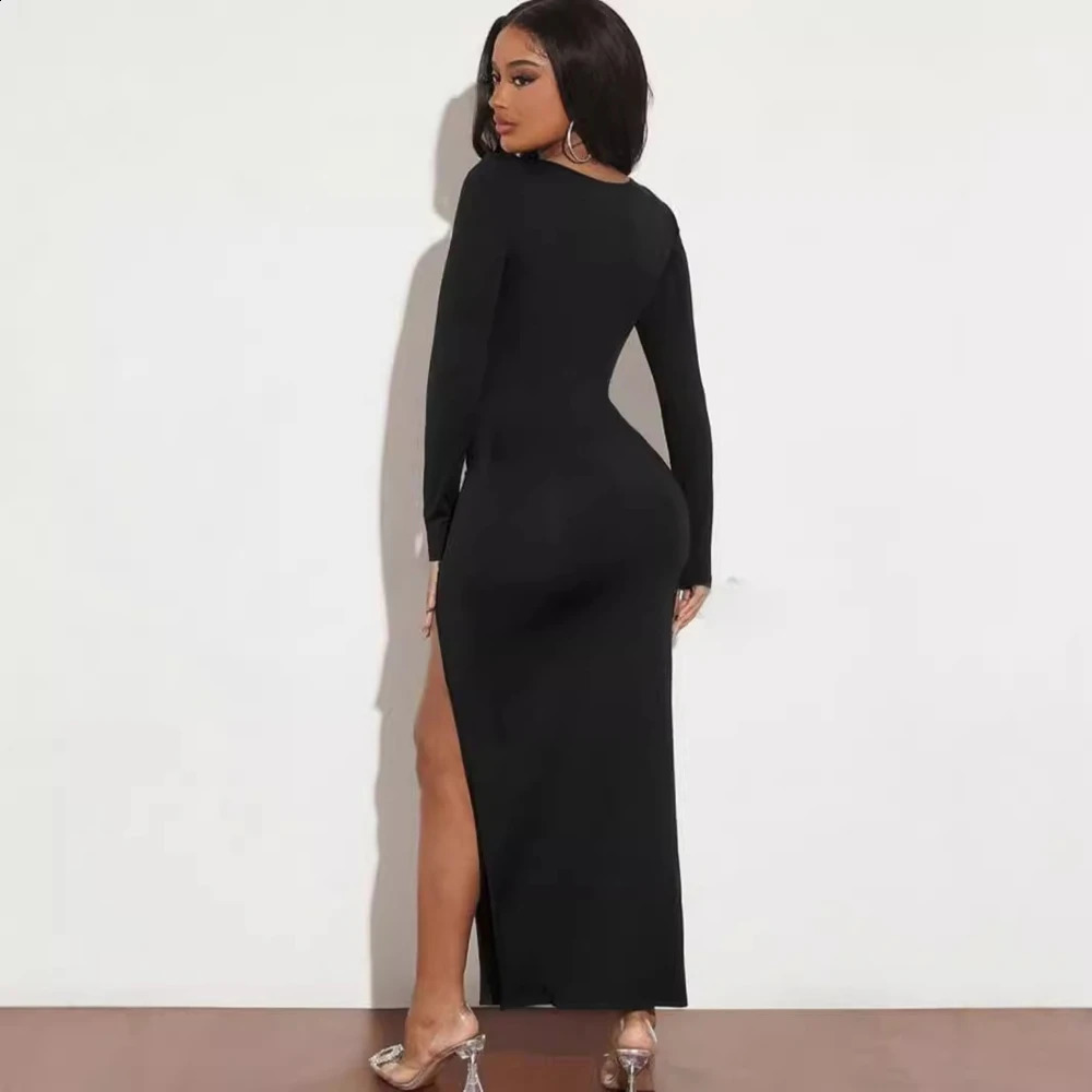 Autumn Fashionable Temperament Square Neck Long Sleeved Solid Color Slit Sexy Slim Fit Dress 240823