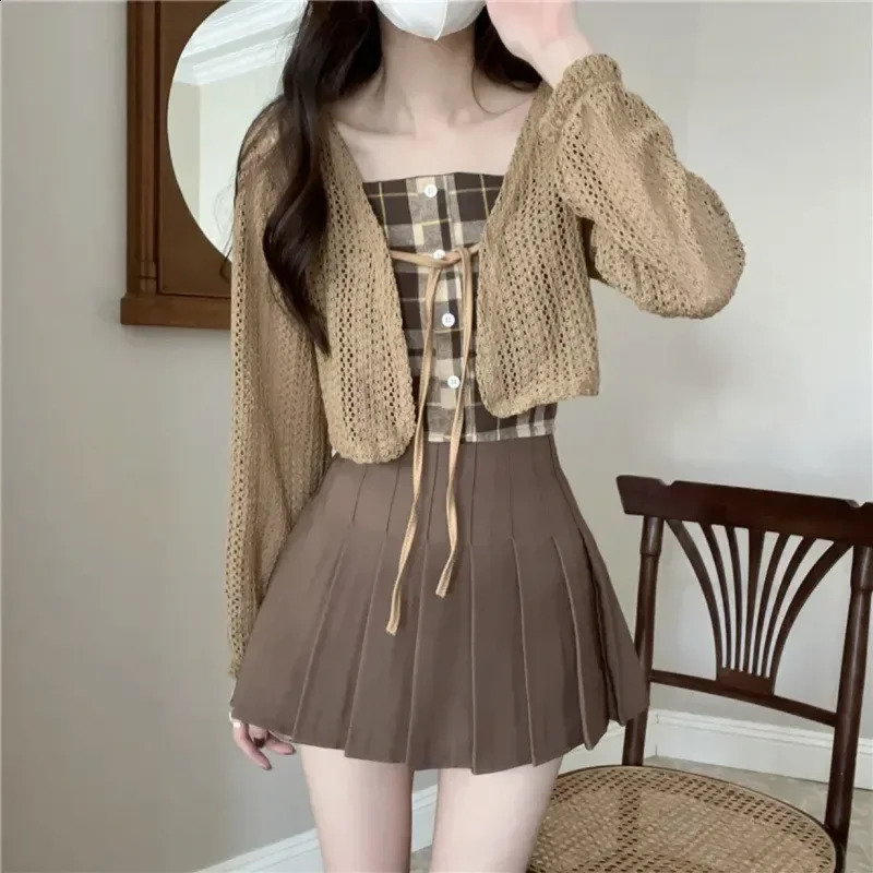 Salted Womens Summer Knitted Cardigan Tank Top Two-piece Set Plus Pleated Skirt Women Fashion Outfit Red Three-piece Set 240823