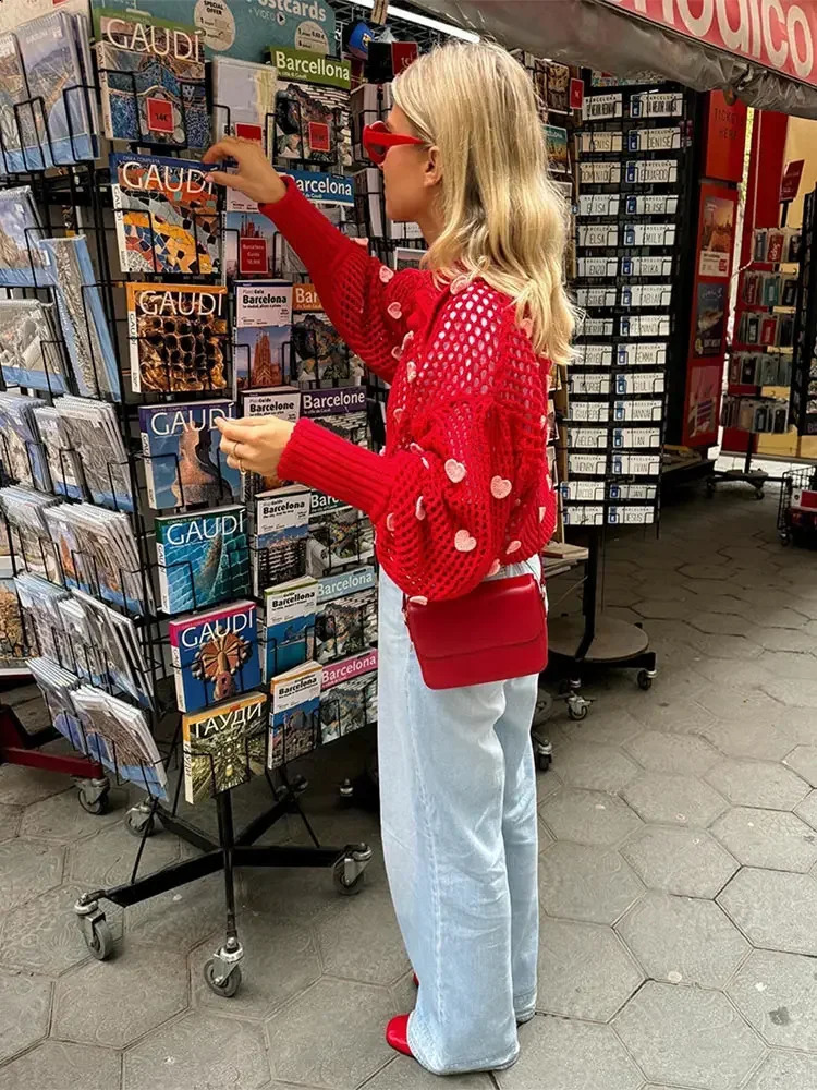Hearts Red Print Hollow Out Knit Sweater Women Chic Lapel Lantern Sleeves Pullover Autumn Female High Street Thin Knitwear 240824