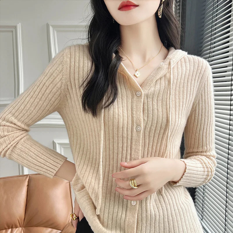 Womens Cardigan Autumn/Winter 100% Wool Sweater Casual Solid Knit Cardigan Hooded Collar Tops Ladies Clothes Slim Fit Blouse 240824