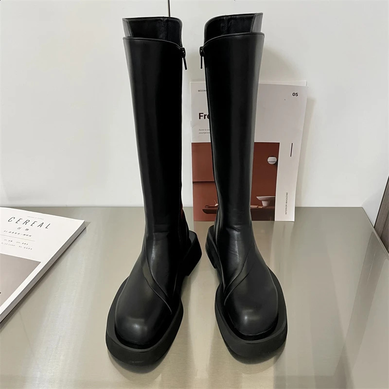 Womens Boots Over Knee Zipper Shoes Clogs Platform Boots Womens Flat Shoes Over Knee Rubber Lolita Low Womens Square Toes S 240823