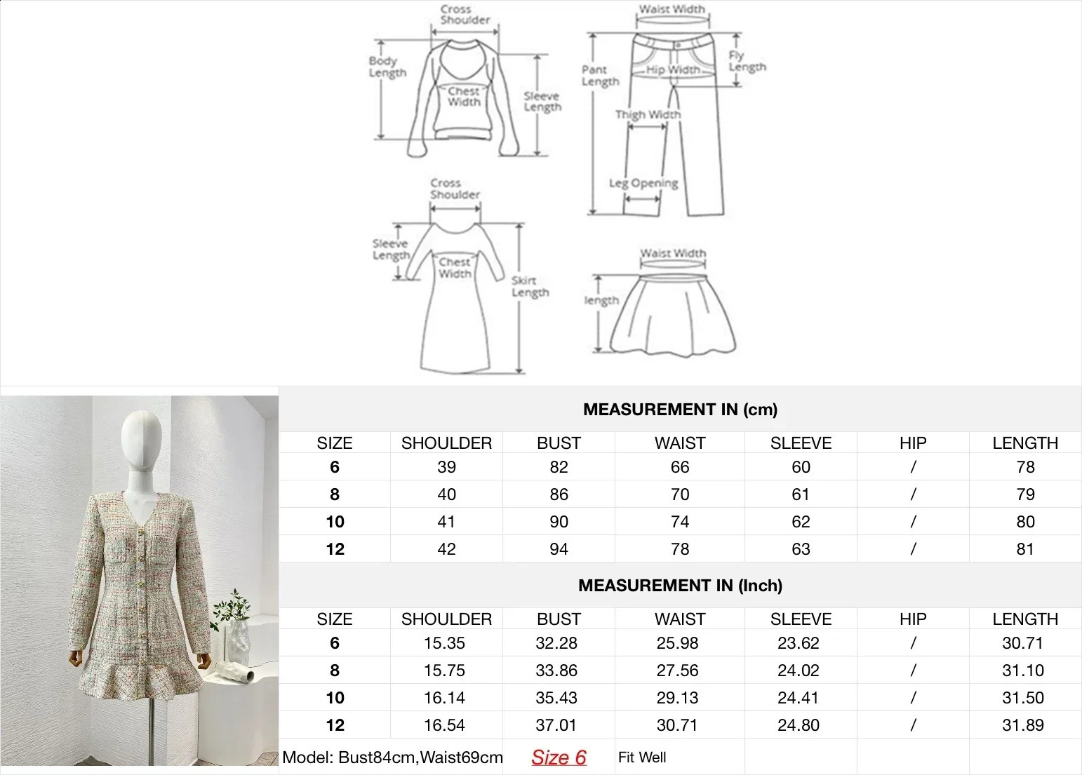 Elegant Advanced Tweed V-neck Long Sleeve Mini Mermaid Dress for Women 240824