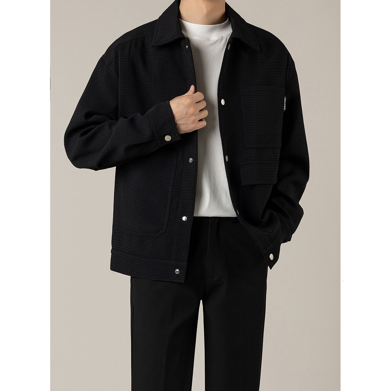 Spring and Autumn New Waffle Workwear Jacket Mens Korean Version Light Mature Style Mens Loose and High-end Casual Jacket