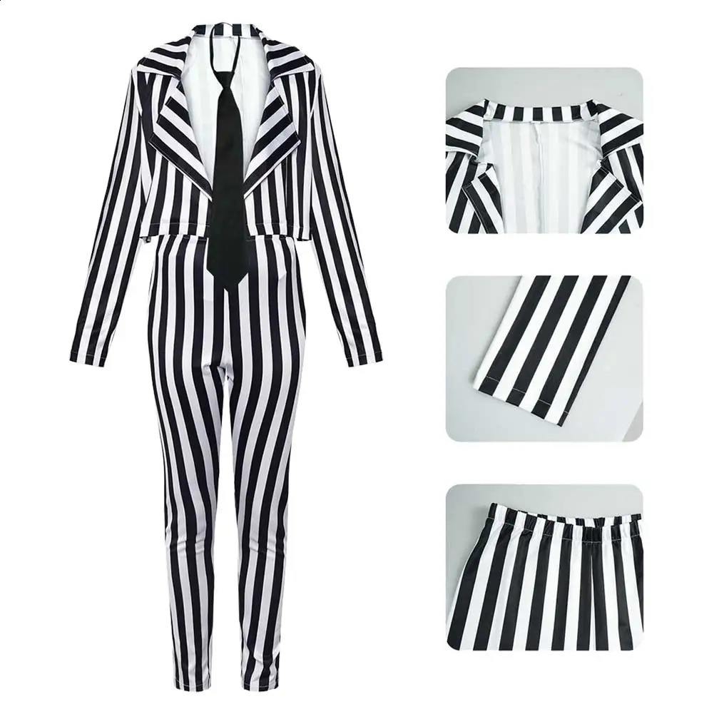 Wholesale Halloween horror Scray roleplaying set with black and white vertical stripes stage costumes adult womens fantasy 240823