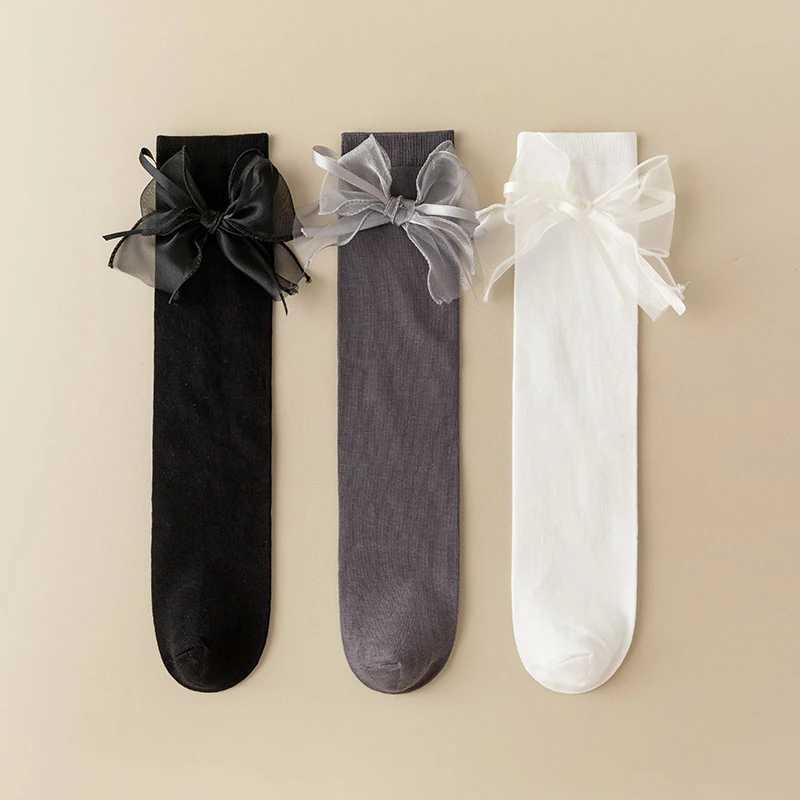 Ribbon Big Bow Knee High Socks For Kids Solid Color Cotton Long Socks Sweet Girls Stockings CL240824