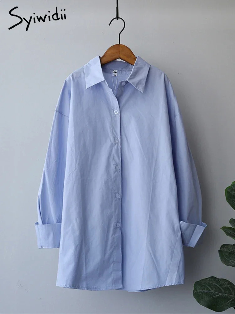 Syiwidii Shirt Women Long Sleeve Blouse Cotton 100% Casual Blue White Turn Down Collar Button Up Shirts Oversized Tops 240823