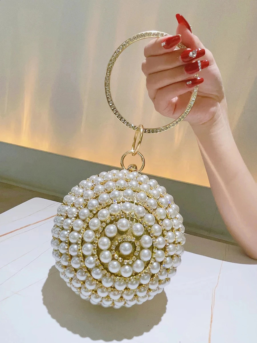 Round pearl clutch wallet handbag ious and elegant evening bag ring womens bride wedding party 240823