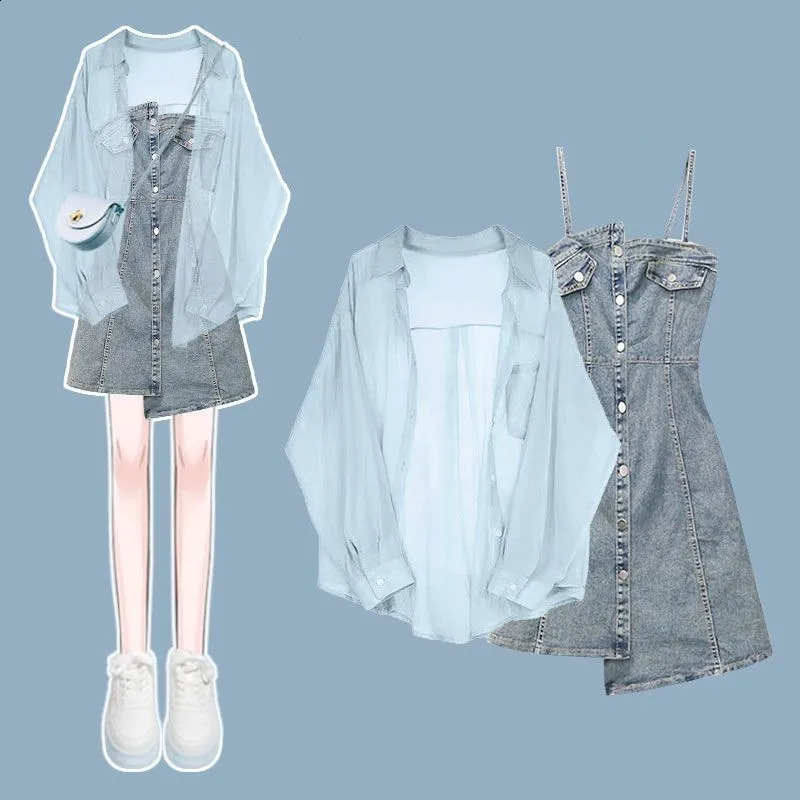 Womens Summer Vintage Denim Dress Matching Set Korean Elegant Chiffon Sunscreen ShirtCow Strap Skirt Two Piece Suit 240823