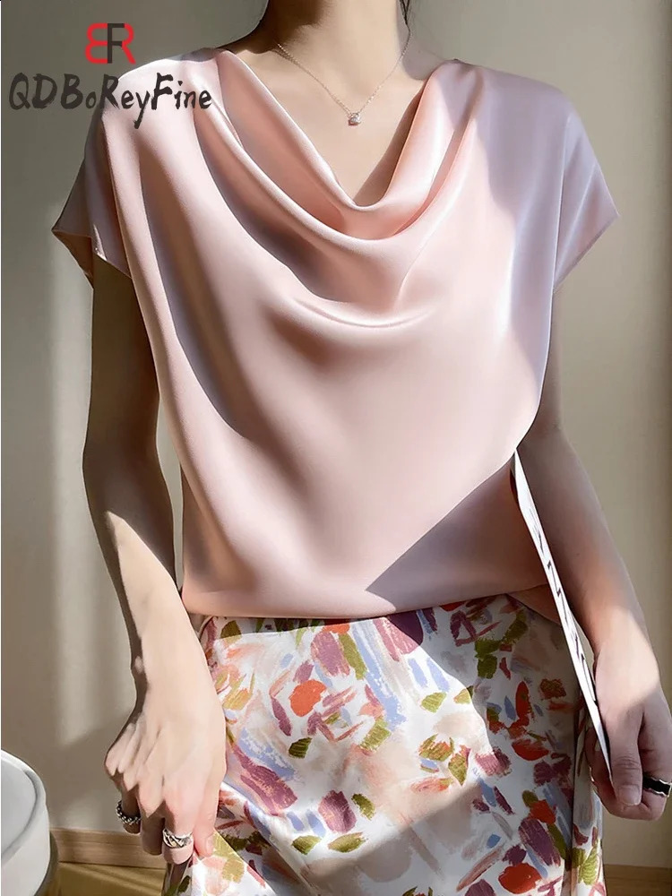 Elegant Womens Tshirt Summer Satin Short Sleeve Swinging Neck Basic White Shirt Office Casual Top 240823