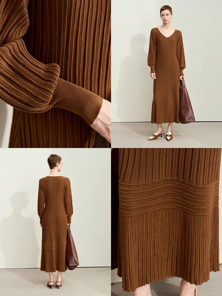 Amii Minimalism Autumn Trumpet Dress for Women Elegant Casual V-neck Lantern Sleeve Solid Lazy Knitted Dresses 12443091 240824