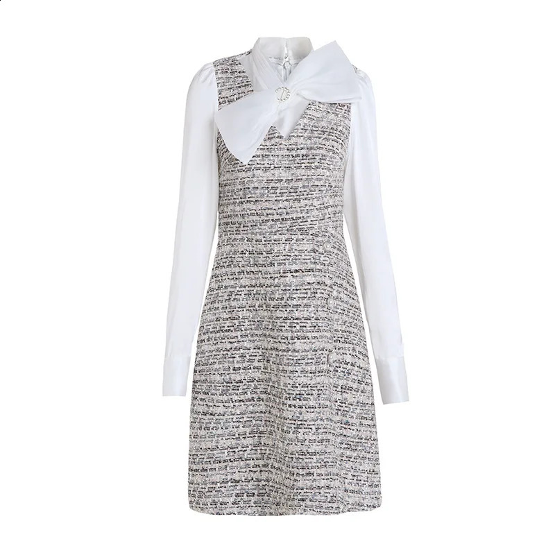 Autumn and winter womens fashion dress bow collar long sleeve splicing tweed dress 240824