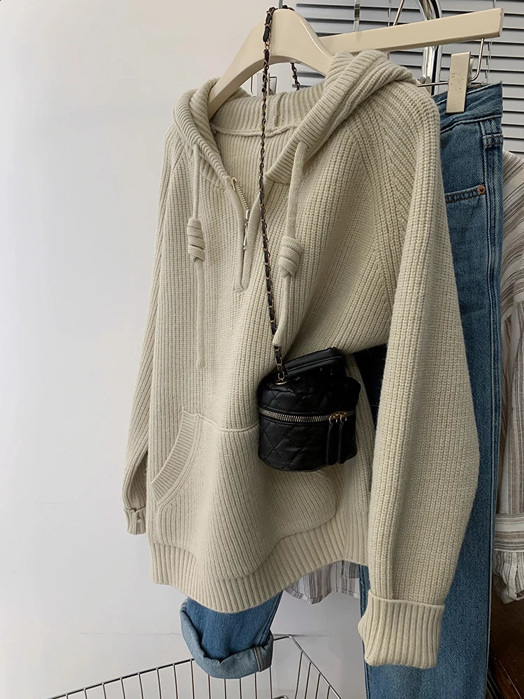 Vintage Half Zipper Women Sweaters Korean Fashion Long Sleeve Knitted Pullover Loose Casual Hooded Knitwear Tops 240824