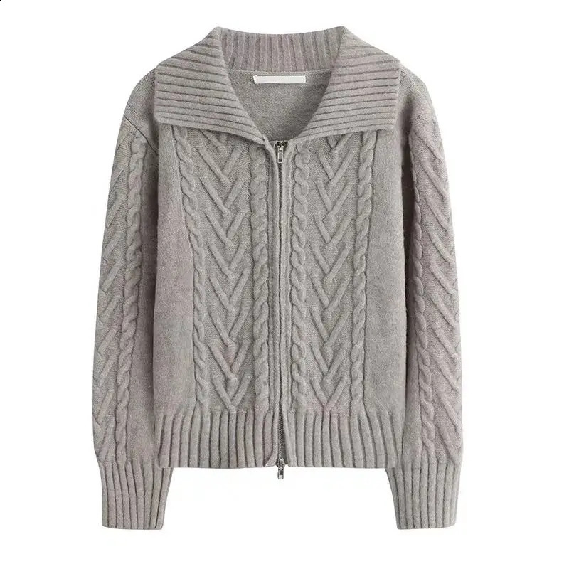 Vintage Gray Zipper Cardigan Sweaters Women Casual Korean Style Knitted Jackets Elegant Old Money Aesthetic Knitwear 240824