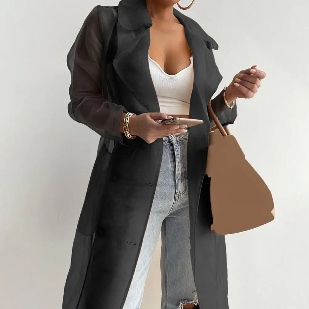 Women Shirt Coat Spring Summer See Through Outdoor Tops Elegant Net Yarn Turn Down Collar Long Trench For Daily Wear 240824 B1