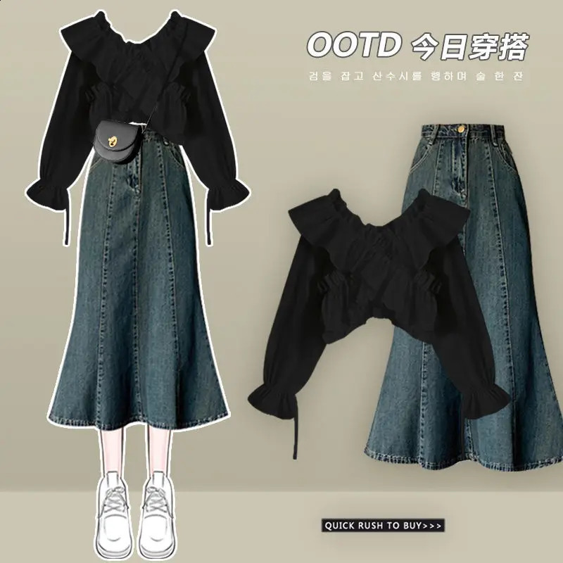 Autumn Vintage Dress Matching Set Womens Elegant V-Neck Long Sleeved Shirt denim Skirt Two-piece Female Clothing Suit 240823