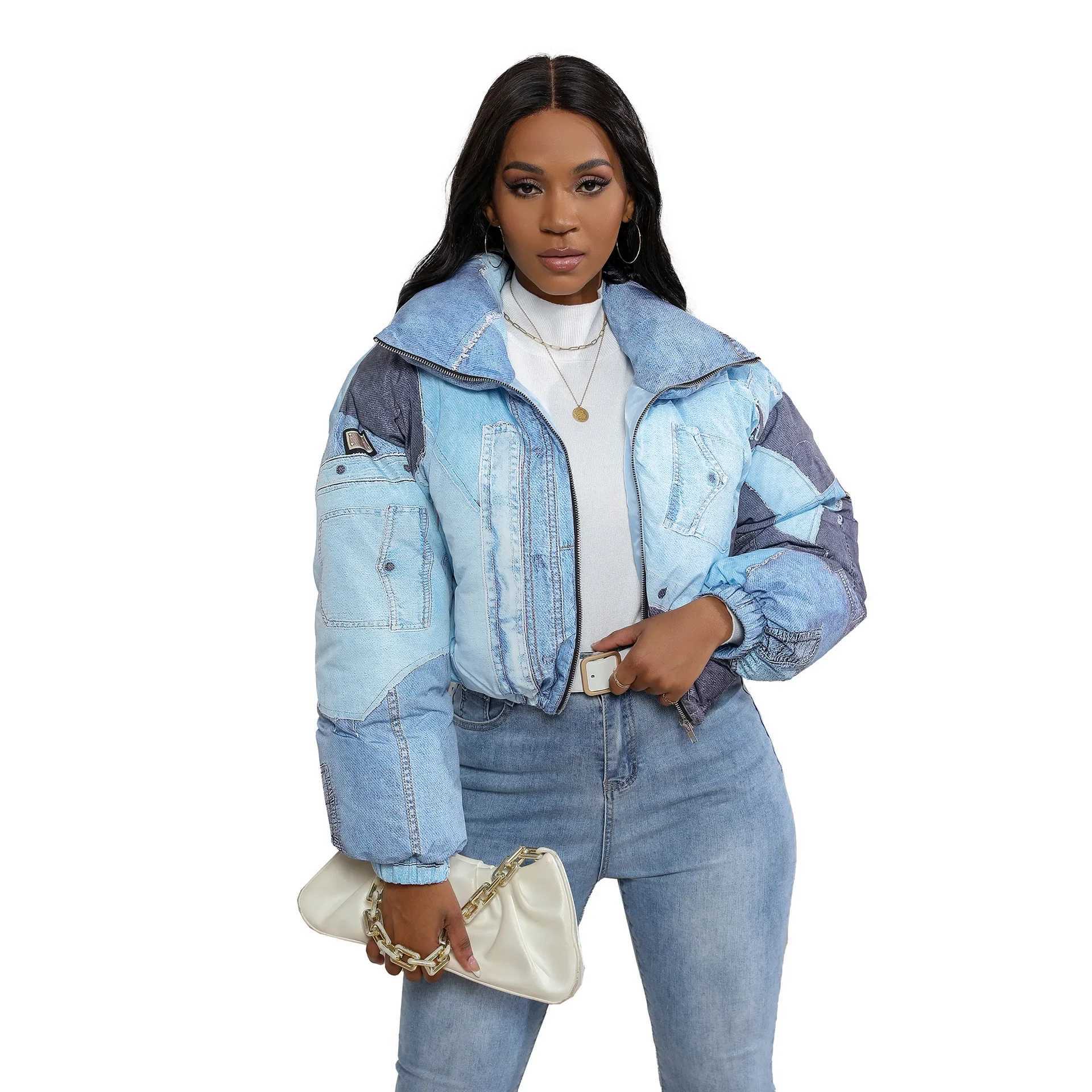 Women's Down Parkas 2023 Autumn/Winter Fashion Womens Jacket Denim Printed Cotton Parkes Jacket Winter Coat Womens BF Strtwear Warm Parkes Y24082