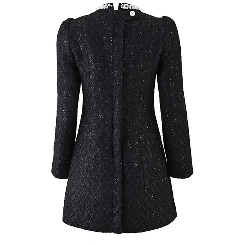 High Quality Arrival Fashion Women Fall Winter Long Sleeve Embroidered Flares Pearls Button Sequins Tweed Black Dress 240824
