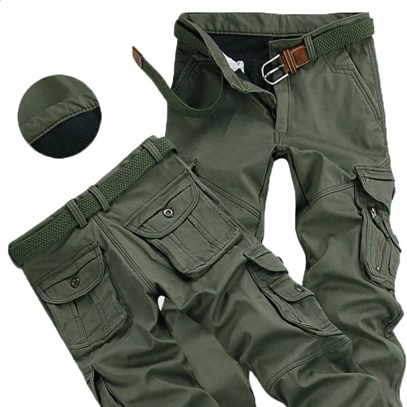 Mens Winter Pants Thick Warm Cargo Casual Wool Pocket Fur Trouser Plus Size Brushed Fashion Loose Running Work Clothes for Men 240823