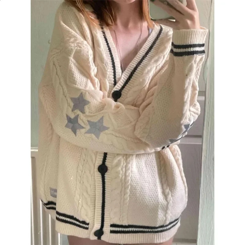 Deeptown Vintage Beige Swift Knit Cardigan Women Y2K College Oversize Star Embroidery Sweater Folklore Knitted Jumper Korean 240824