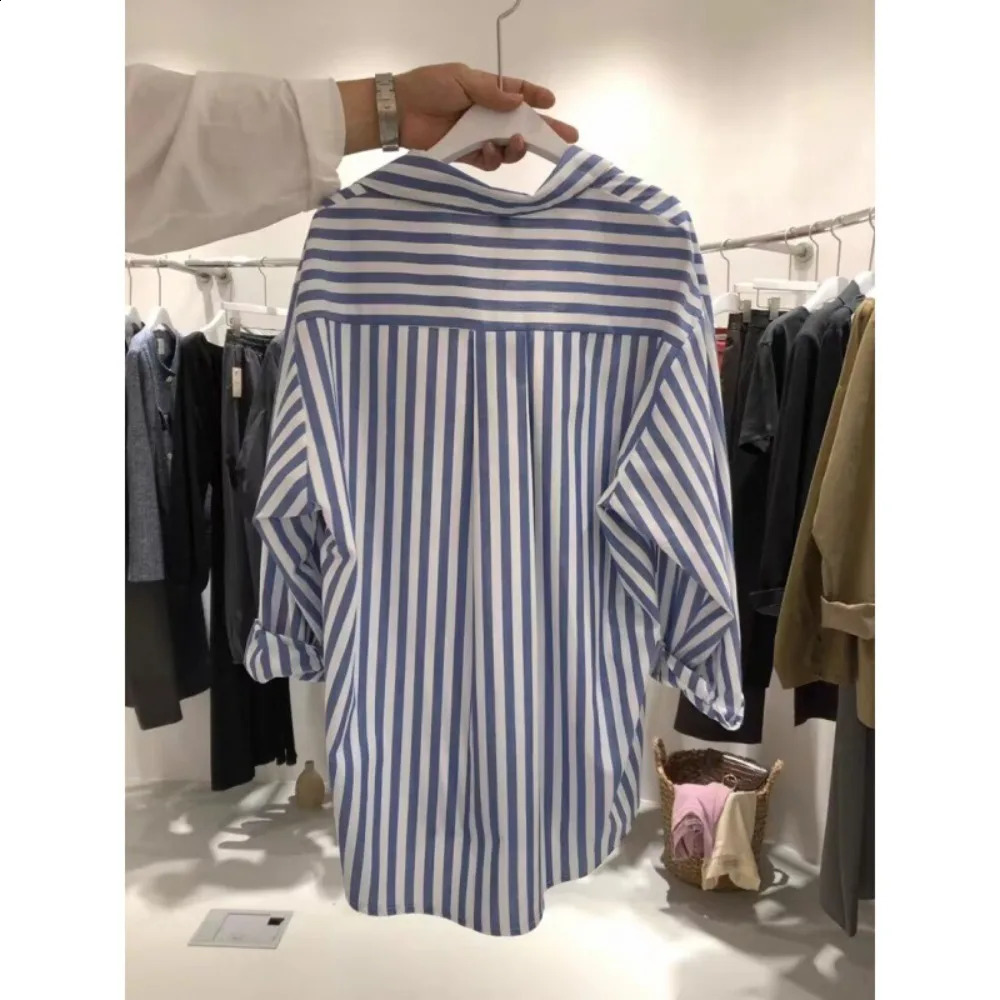 Vertical striped long sleeved shirt Spring Drop Sleeves Single Breasted Fashion Female Shirts Chic Casual Office Lady tops 240823