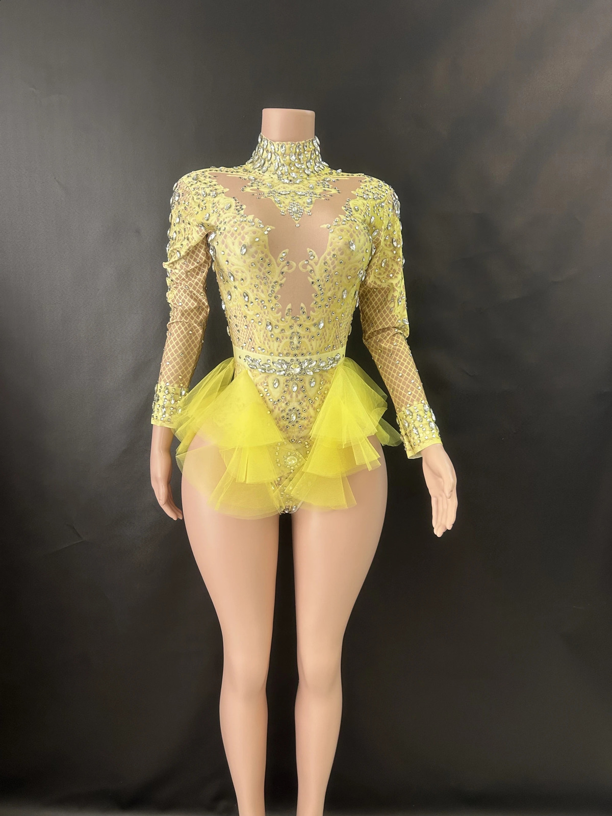 Sparkly Rhinestones Womens Tight Dress Elastic Pink Mesh Ruffle Crystal Nightclub Dancer Stage Party Set 7G w240824